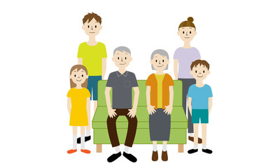 Illustration set of 3 generation family (around the grandparents sitting on the chair)