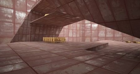 Abstract architectural concrete and rusted metal interior of a minimalist house with swimming pool and large window. 3D illustration and rendering.