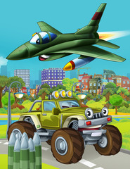 cartoon scene with military army car vehicle on the road and jet plane flying over - illustration for children