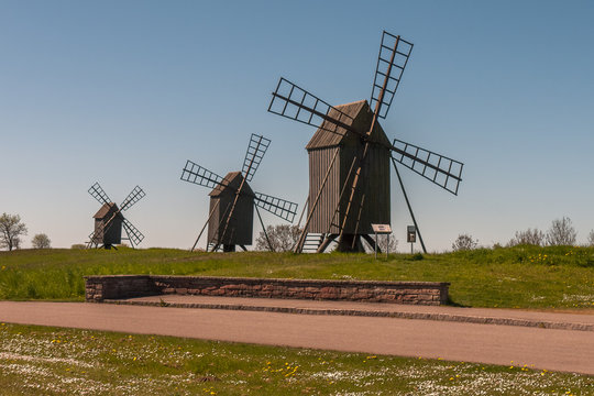 Old wooden windmills on the island Oland, Sweden