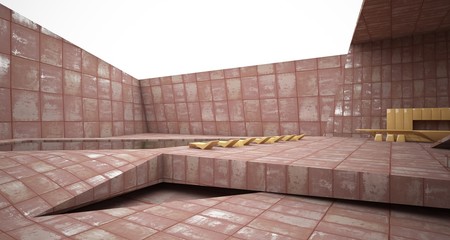 Obraz premium Abstract architectural concrete and rusted metal interior of a minimalist house with swimming pool and large window. 3D illustration and rendering.