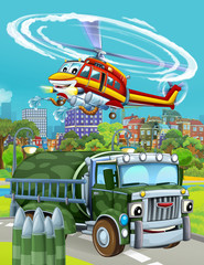 cartoon scene with military army car vehicle on the road and fireman helicopter flying over - illustration for children
