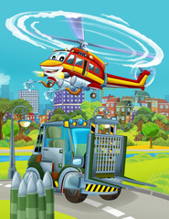 cartoon scene with military army car vehicle on the road and fireman helicopter flying over - illustration for children