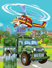 cartoon scene with military army car vehicle on the road and fireman helicopter flying over - illustration for children