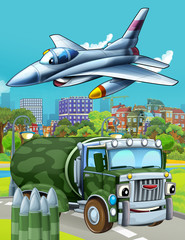 cartoon scene with military army car vehicle on the road and jet plane flying over - illustration for children