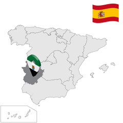 Location of Extremadura on map Spain. 3d Extremadura location sign similar to the flag of Extremadura. Quality map  with regions Kingdom of Spain. Stock vector. EPS10.