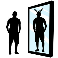 Deceived man, loser. Human stands in front of a mirror, sees in reflection that the horns have grown. Cheated the deer. Tolerant person. Silhouette vector illustration