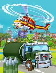 cartoon scene with military army car vehicle on the road and fireman helicopter flying over - illustration for children