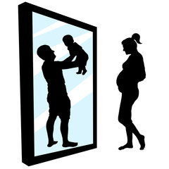 Pregnant woman is standing in front of a mirror. Girl sees in reflection a happy father with a baby in her hands. Family planning, having a baby. Silhouette vector illustration