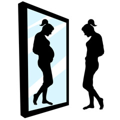 Woman infertility. Expectant mother. Woman in front of a big mirror, sees a reflection of a pregnant girl. Desire to get pregnant and have a baby. Family planning. Silhouette vector illustration