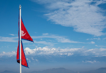 Nepal Flag and Himalayan Mountains