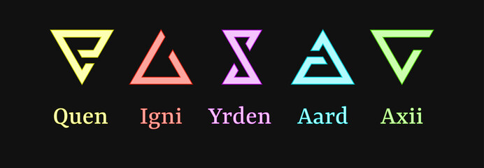 Signs of the witcher with inscriptions. Aarrd, Quen, Igni, Yrden, Axii. Colored vector illustration.