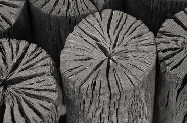 Natural wood charcoals isolated on white background.