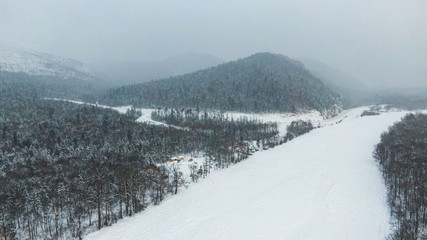 Obraz premium Aerial image from the top of snowy mountain pines in the middle of the winter