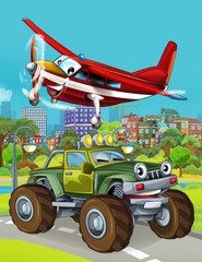 Fototapeta premium cartoon scene with military army car vehicle on the road and fireman plane flying over - illustration for children