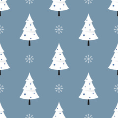 Seamless pattern with white christmas tree and snowflakes on blue background. Wrapping gift paper. Vector illustration, flat style