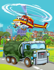 cartoon scene with military army car vehicle on the road and fireman helicopter flying over - illustration for children