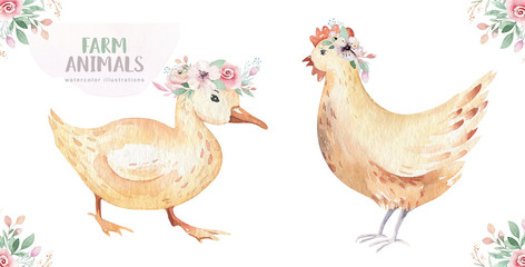Farms animal isolated set. Cute domestic farm pets watercolor illustration. Chiken and duck baby cartoon drawing.