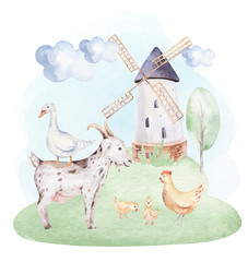 Farms animal set. Cute domestic farm pets watercolor illustration. horse. goose. pig. goat. chicken. sheep. cow