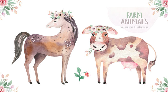 Farms animal isolated set. Cute domestic farm pets watercolor illustration. horse and cow design. Baby shower