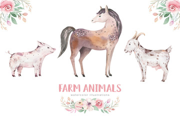 farms animal set mill. Cute domestic pets watercolor illustration. horse and goose. ranchp pig design with goat. rooster chicken and sheep, cow. © kris_art