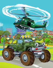 cartoon scene with military army car vehicle on the road - illustration for children