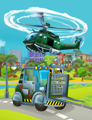 Naklejka premium cartoon scene with military army car vehicle on the road - illustration for children