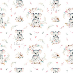 Watercolor cute cartoon little baby and mom koala with floral wreath seamless pattern. tropical fabric background. Mother and baby design. Animal family. Kid love birthday drawing