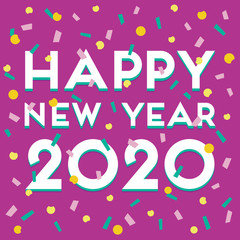 Cute vector card or web banner template with Happy New Year 2020 text in white on purple background and colorful confetti. Modern typographic design for greeting card, party invitation, poster, menu. - 312319658