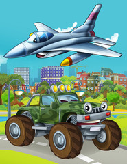 cartoon scene with military army car vehicle on the road and jet plane flying over - illustration for children