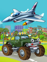 Obraz na płótnie Canvas cartoon scene with military army car vehicle on the road and jet plane flying over - illustration for children