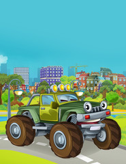 Obraz na płótnie Canvas cartoon scene with military army car vehicle on the road - illustration for children
