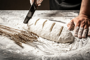 Baker's hands and wheat bread before baking. rustic style. Man preparing bread dough