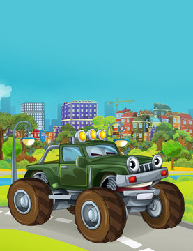 cartoon scene with military army car vehicle on the road - illustration for children © honeyflavour