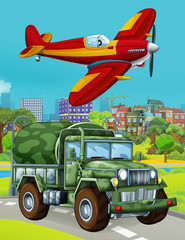 Obraz na płótnie Canvas cartoon scene with military army car vehicle on the road and fireman playing flying over - illustration for children