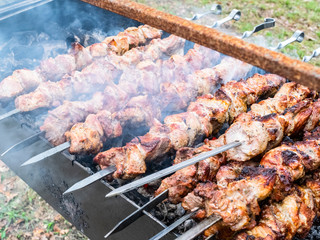 Frying pork on a skewer over a brazier. Turning meat over coals. Appetizing shish kebab.