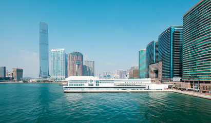  Modern architecture and skyline of West Kowloon and Victoria Harbour in HongKong