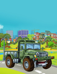Obraz na płótnie Canvas cartoon scene with military army car vehicle on the road - illustration for children