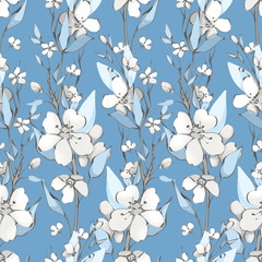 Floral pattern. White flowers on blue background. Spring garden