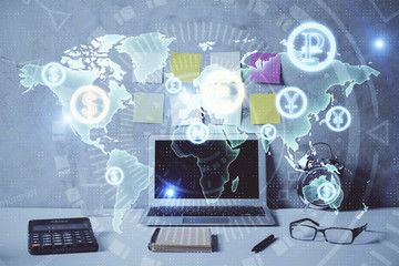 Double exposure of forex graph and work space with computer. Concept of international online trading.