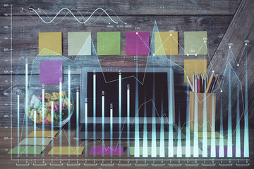 Multi exposure of forex chart and work space with computer. Concept of international online trading.