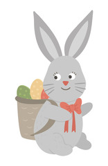 Vector illustration of cute bunny carrying a basket with colored egg isolated on white background. Easter traditional animal and design element. Cute spring icon picture..