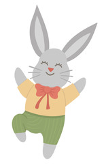 Vector illustration of cute bunny jumping with joy isolated on white background. Easter traditional animal and design element. Cute spring icon picture..