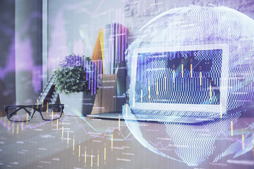 Double exposure of graph and financial info and work space with computer background. Concept of...