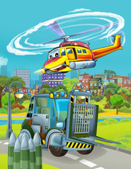 cartoon scene with military army car vehicle on the road and rescue or fireman helicopter flying over - illustration for children