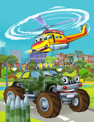 cartoon scene with military army car vehicle on the road and rescue or fireman helicopter flying over - illustration for children