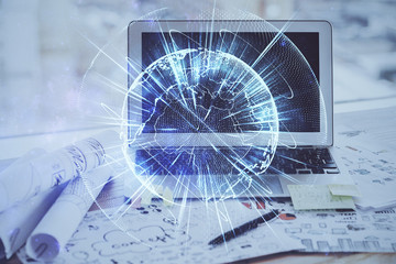 Multi exposure of business theme icons and work space with computer background. Concept of success.