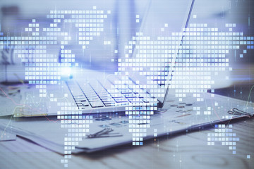 Multi exposure of business theme icons and work space with computer background. Concept of success.