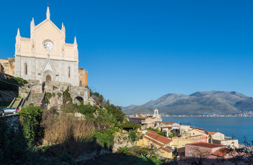 Fototapeta na wymiar Gaeta, Italy - one of the most spectacular cities along the Tyrrhenian Sea, Gaeta displays an amazing Medieval Old Town. Here in particular the Francis of Assisi Church, founded by the friar himself