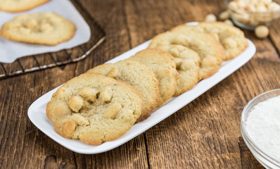 Macadamia Cookies (fresh) as detailed close-up shot, selective focus)